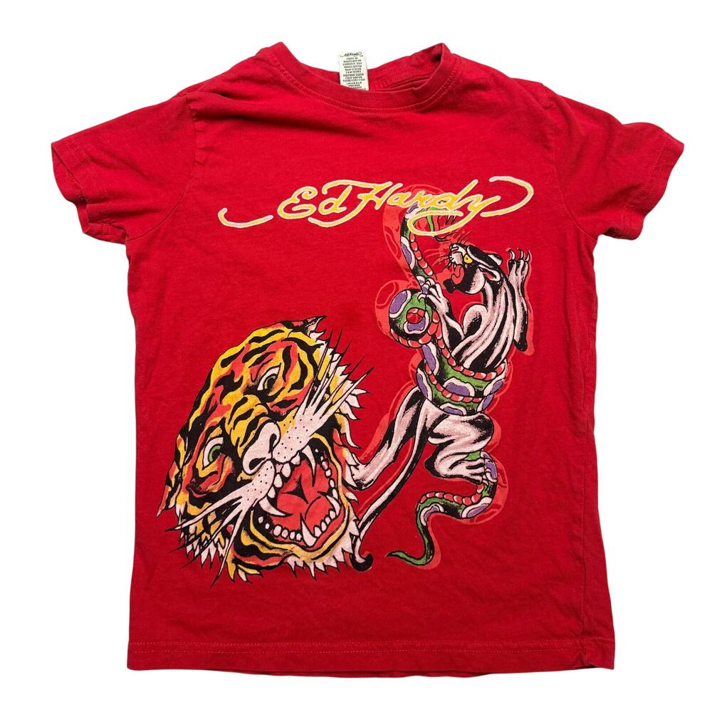 Ed Hardy Kids Tiger Panther Tattoo T Shirt Youth 9/10 Y2K Grunge Baby Tee